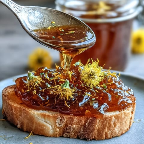 A jar of golden dandelion jelly with honey and lemon, spread on rustic bread with fresh petals scattered around.
