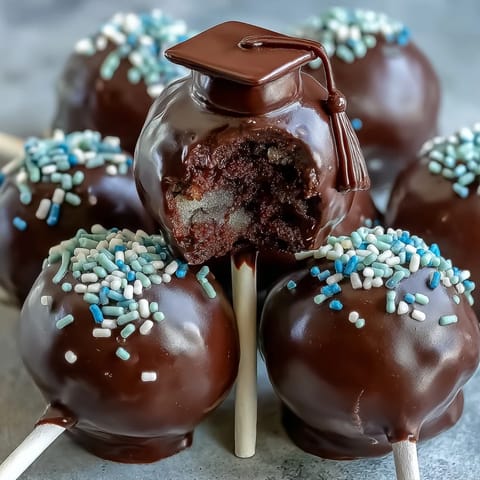Festive graduation cake pops in team colors, dipped in smooth candy coating and topped with fondant caps for a sweet celebration treat.