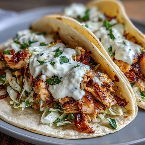 Roasted Chicken Cabbage Tacos with lemon crema, shredded chicken, and marinated slaw in warm tortillas.  