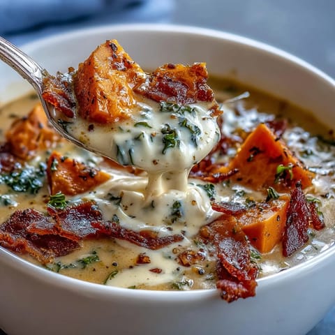 Hearty Smoky Sweet Potato Chowder with crispy pancetta and tender kale in a creamy broth.  
