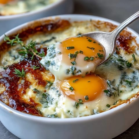 Elegant Easter eggs en cocotte baked in creamy herbed custard with parmesan, ideal for festive brunch.
