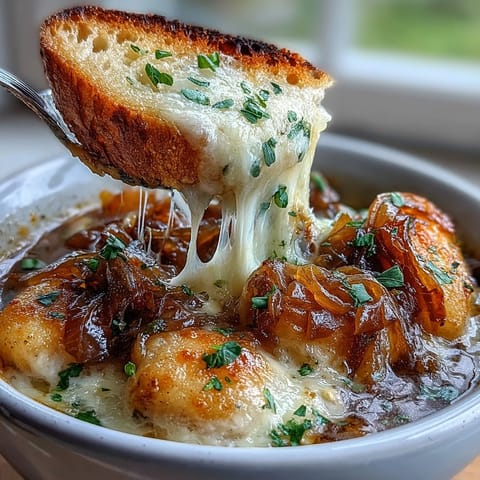 Warm Gnocchi French Onion Soup with melted Gruyère, a comforting bowl.