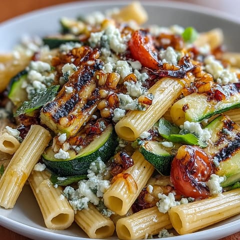 Colorful pasta salad with grilled zucchini, corn, and crumbled Cotija cheese in a zesty lime dressing.