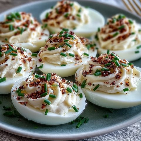 Everything Bagel Deviled Eggs with Cream Cheese: creamy yolk filling topped with crunchy everything bagel seasoning on smooth egg whites.