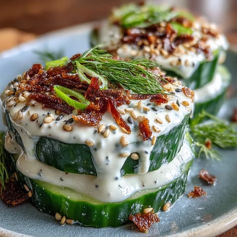 A vibrant TikTok cucumber salad with everything bagel dressing, featuring crisp cucumbers and creamy yogurt-based topping.  