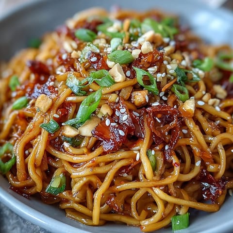 A bowl of chewy wheat noodles tossed in chili crisp sauce with garlic and scallions, garnished with roasted peanuts for crunch.