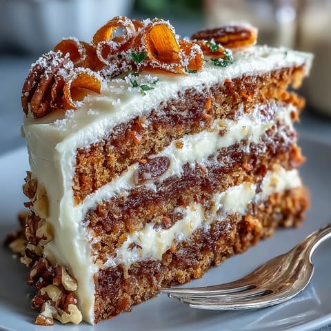 Moist Easter carrot cake with rich cream cheese frosting and elegant candied carrot curls, perfect for spring celebrations.  