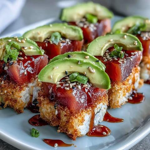 Viral appetizer: crispy rice, spicy tuna, avocado, drizzled with spicy mayo.