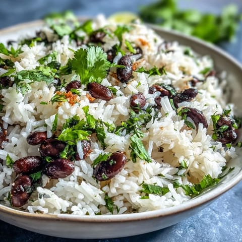 Fluffy, fragrant rice dish with healthy black beans, topped with fresh cilantro.