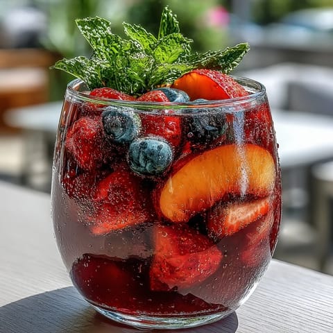 Refreshing peach and berry Summer Sangria Mocktail poured over ice, ready for sipping.
