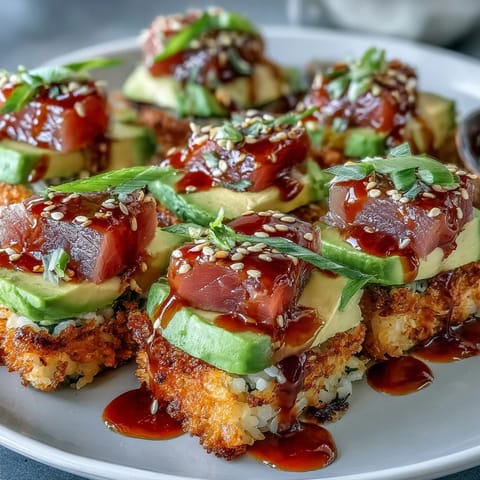 Spicy Tuna Crispy Rice Bites featuring creamy avocado and spicy mayo drizzle.