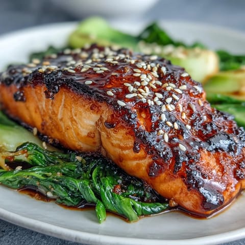 Tender Miso Glazed Salmon with Sesame Bok Choy, perfectly cooked and ready to enjoy.