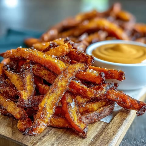 Golden, healthy air fryer sweet potato fries perfect for dipping in smoky aioli.