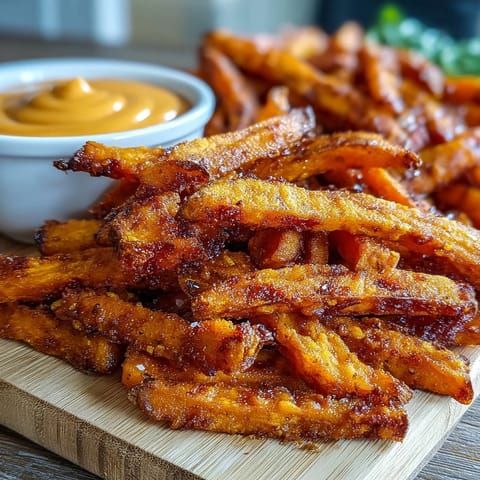 Crispy air fryer sweet potato fries stacked high with creamy chipotle aioli.
