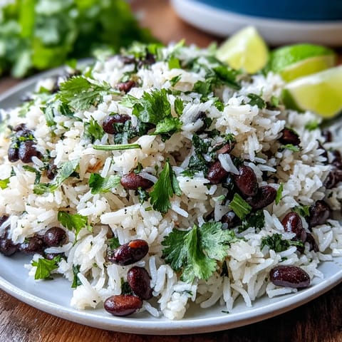 Vibrant coconut lime rice with beans, cilantro, and zesty lime flavors.