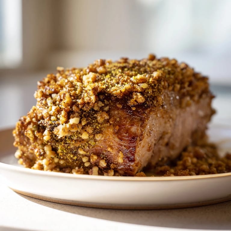 Beautifully seared, the juicy Thyme and Pecan Crusted Pork Tenderloin rests before being sliced for a savory main.