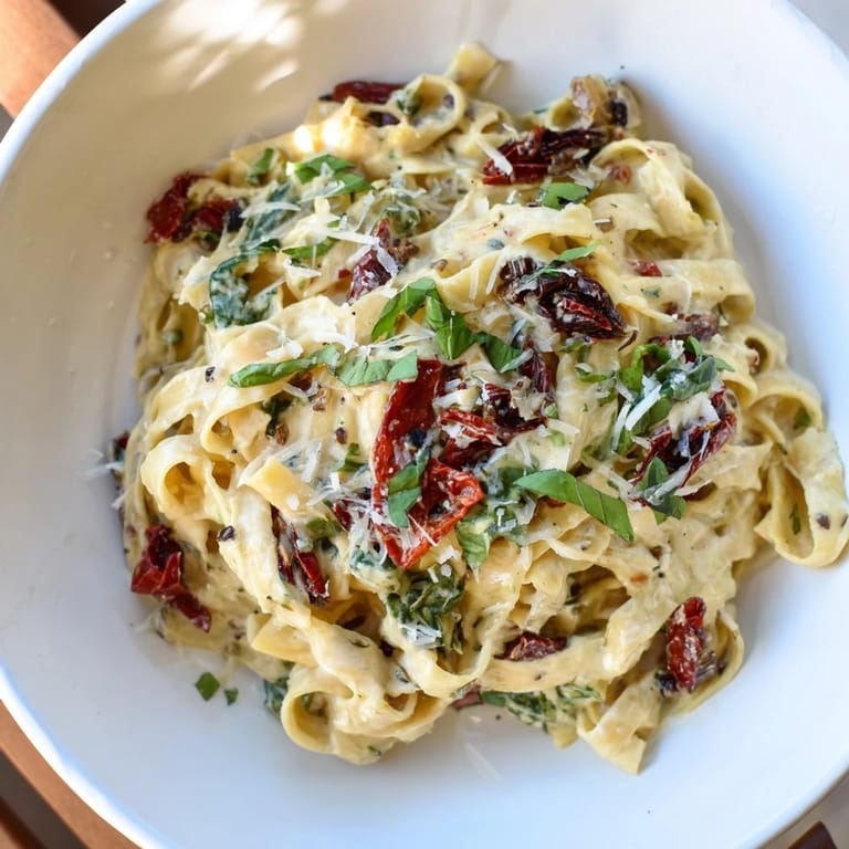 A steaming bowl of One-Pot Creamy Tuscan Garlic Herb Pasta, perfectly creamy and speckled with spinach and herbs.