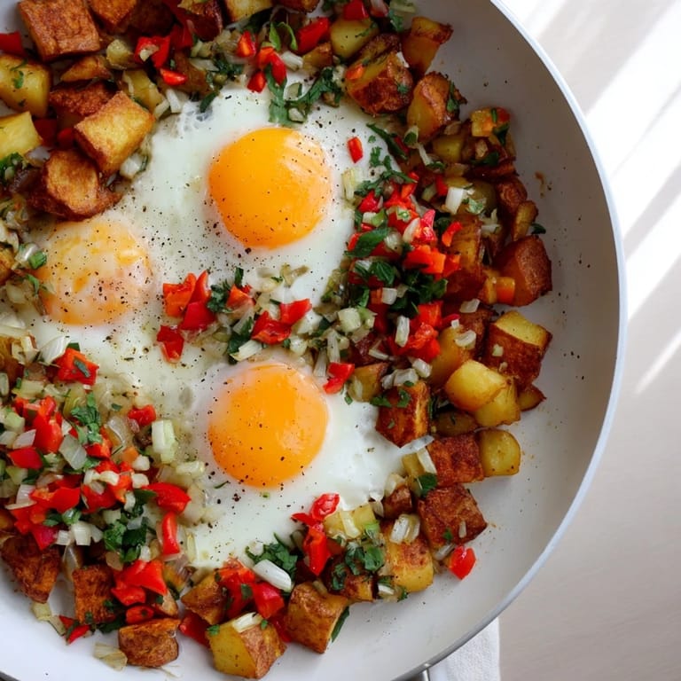 This simple skillet egg and potato hash shows crispy potatoes and colorful peppers with perfectly cooked eggs.