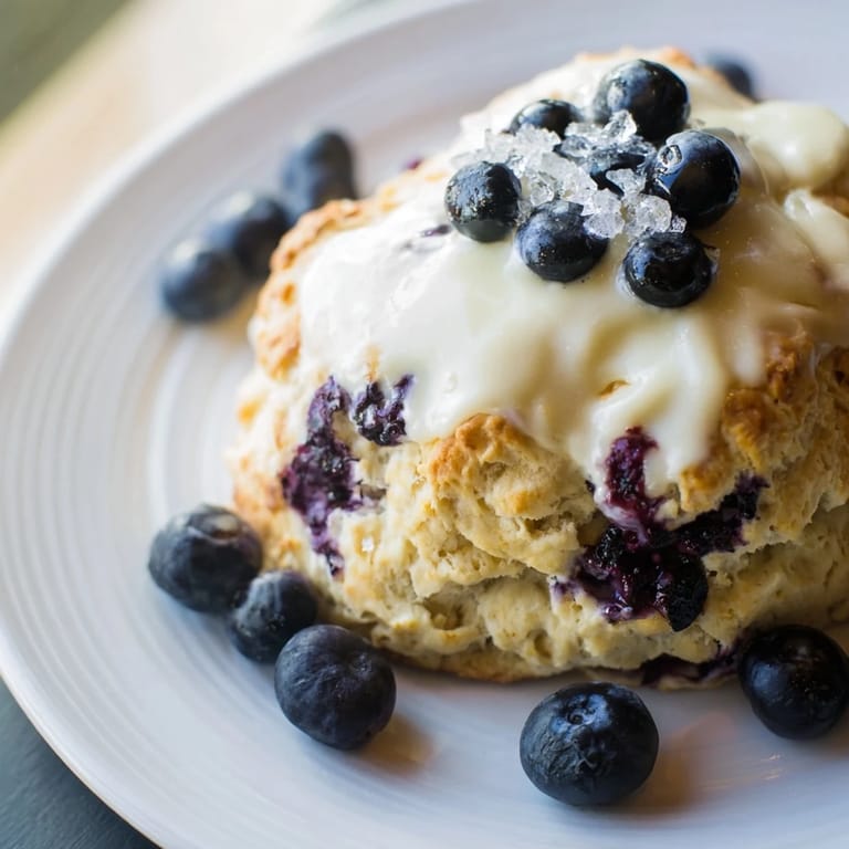 Crisp-edged and fluffy Rustic Birch-Warm Blueberry Scones, glazed to glistening perfection, offer inviting flavor.