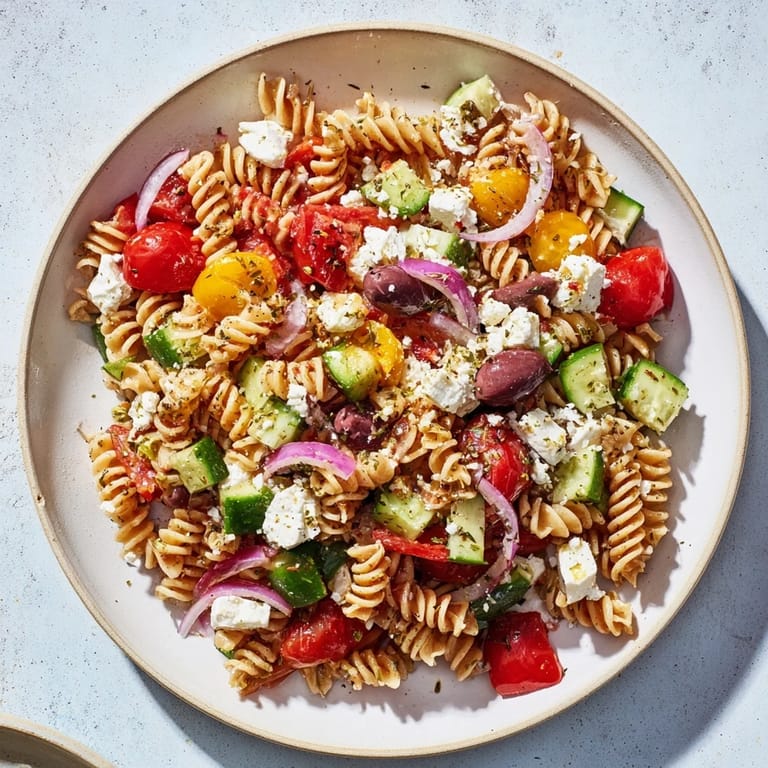 Enjoy this light and flavorful Mediterranean Olive Oil and Feta Pasta Salad, perfect for summer!