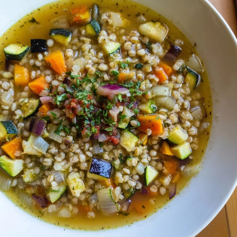 Close-up of a rustic Simple Homemade Grain and Vegetable Soup, ready to be enjoyed on a chilly day.