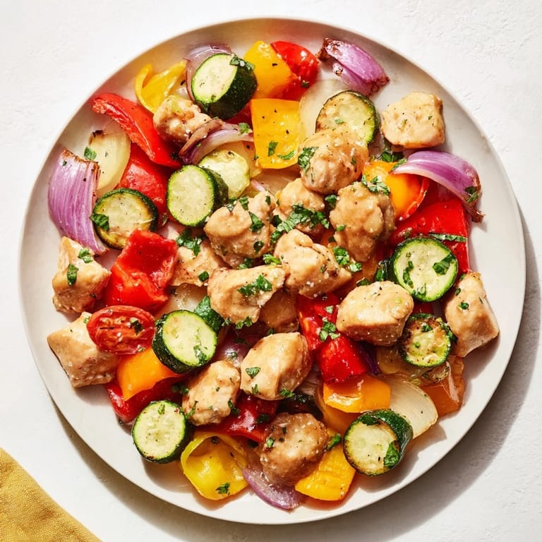 Sheet pan showcasing Basil-Soft Chicken and Veggie Dinner: golden chicken breasts with perfectly cooked, colorful veggies.
