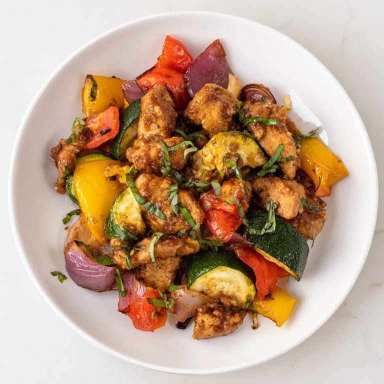 Close-up of the easy Basil-Soft Chicken and Veggie Sheet Pan Dinner, with fresh basil garnish, ready to serve.