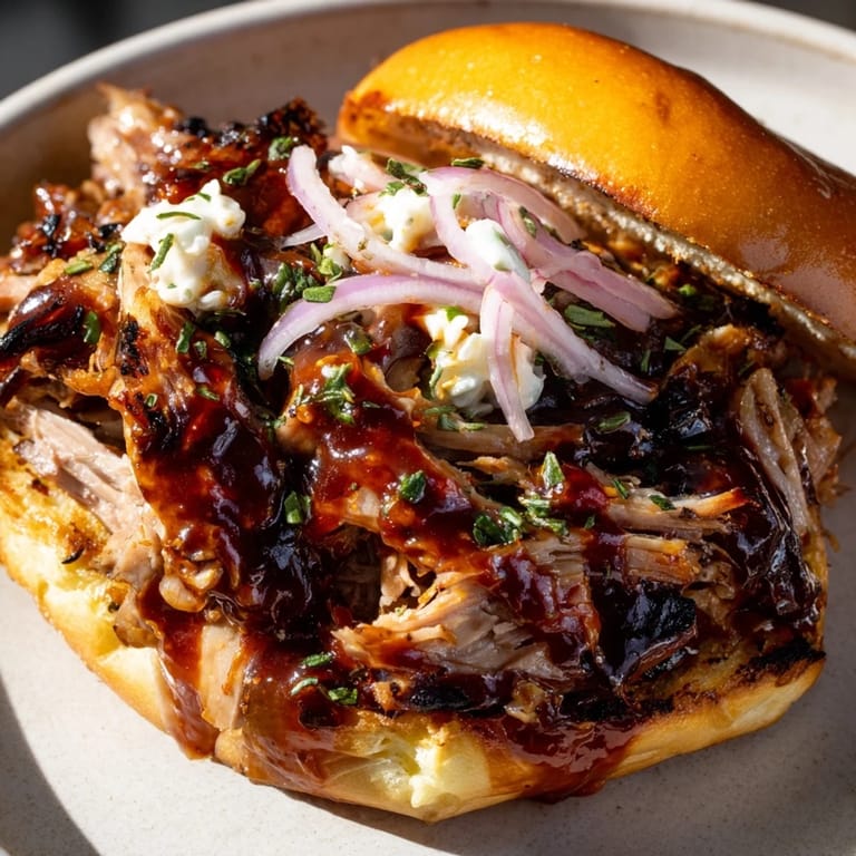 Imagine the rich flavors: Fire-Kissed BBQ Pulled Pork Sandwiches, bursting with BBQ sauce and fresh herbs.
