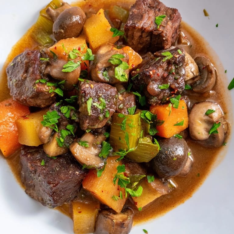 Delicious, rustic earthy beef stew with tender beef, root vegetables, and golden homemade bread.