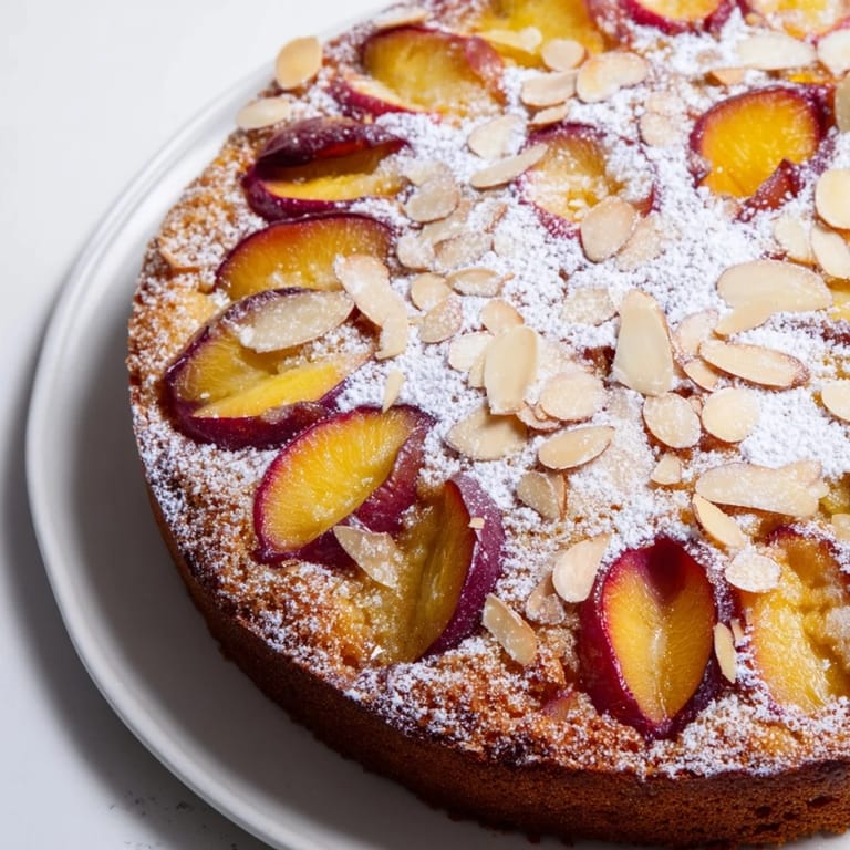 A slice of Soft Sweet Plum-Infused Almond Cake, presenting juicy plums and a tender crumb.
