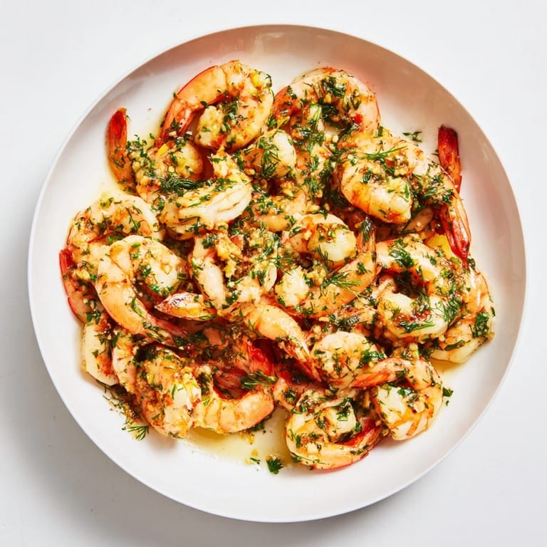 Freshly cooked Light & Bright Lemon Herb Shrimp Scampi with vibrant green herbs and tender shrimp, ready to eat.