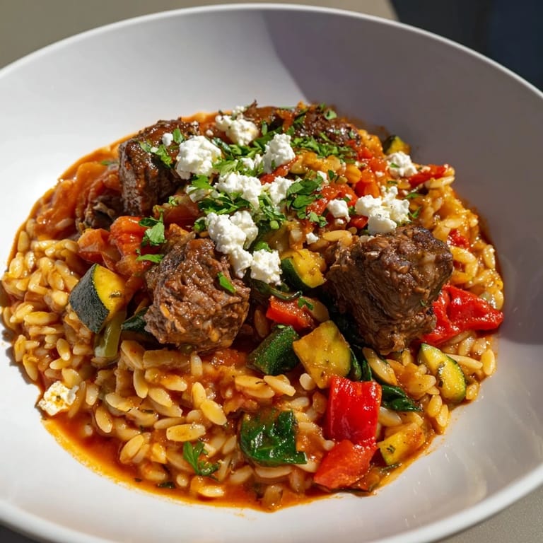 A close-up shot of the delicious Smoky Mediterranean Lamb and Orzo Supper, a comforting, richly flavored one-pot meal.