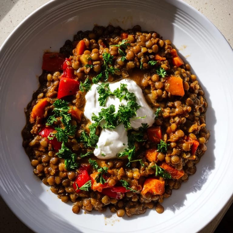 Delicious, spiced Wheat-Warm Lentil Curry, simmered to perfection and ready for a satisfying dinner.