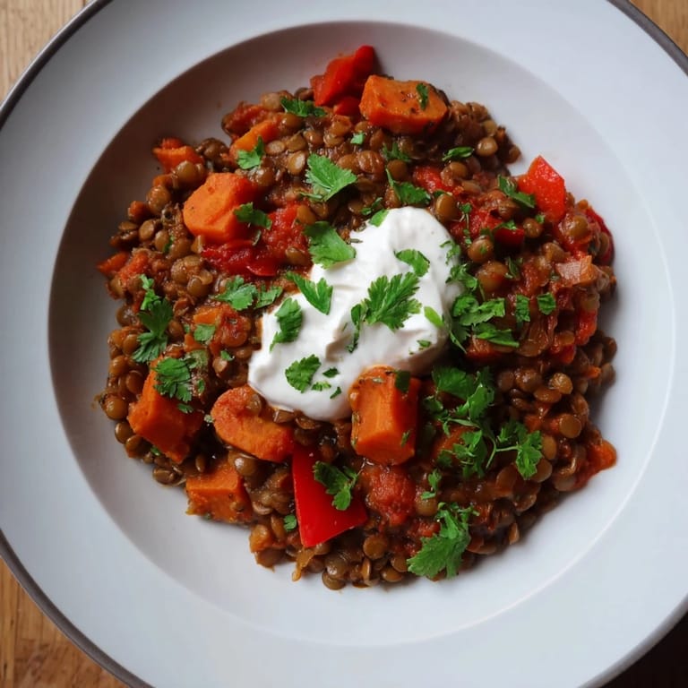 A steaming bowl of comforting Wheat-Warm Lentil Curry with fresh cilantro and creamy yogurt.