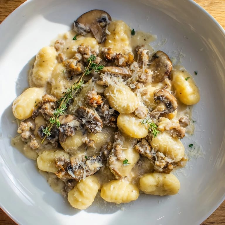 A comforting close-up showing browned sausage and creamy sauce in the Woodsy Skillet Sausage and Mushroom Gnocchi.