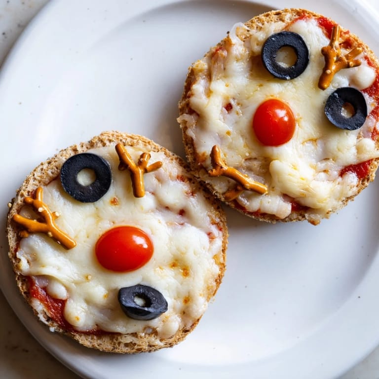 Homemade Reindeer Face Pizza Bagels with colorful decorative toppings, perfect for a fun, kid-friendly meal.