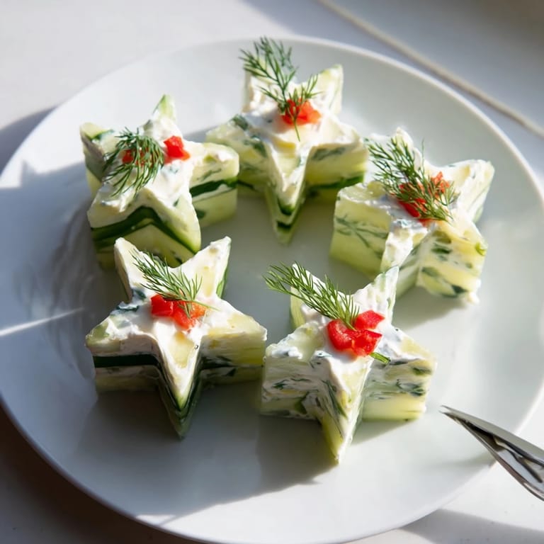 Freshly made Cucumber and Dill Christmas Stars, garnished with red pepper, ready for a holiday party.