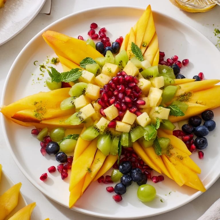 Freshly assembled pomegranate and mint star fruit platter, a beautiful and easy appetizer for your next gathering.