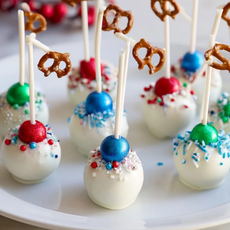 Homemade Ornament Ball Cake Pops: coated in vibrant candy melts and showered with sprinkles.
