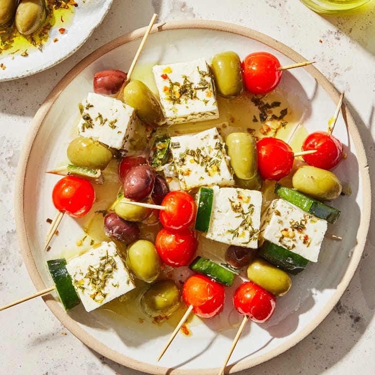 Close-up of vibrant Holiday Cheers Olive and Feta Skewers, perfect for sharing at a holiday party.