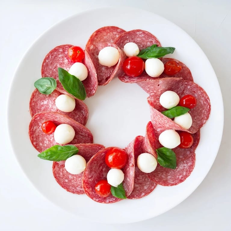 A close-up of a festive folded salami wreath, garnished with tomatoes and mozzarella balls.