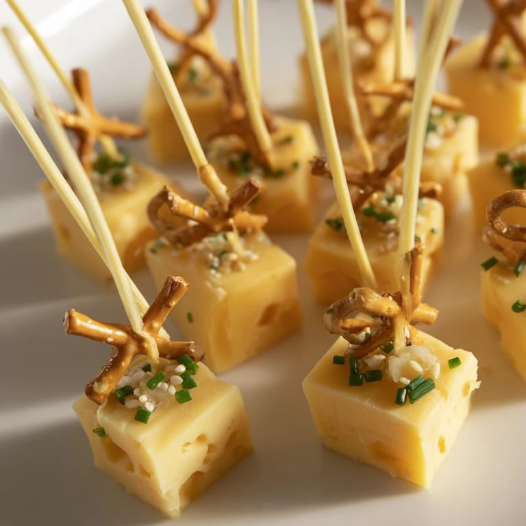 Festive NYE cheese pretzel sparklers, showcasing vibrant cheddar cubes and crunchy pretzel wands.