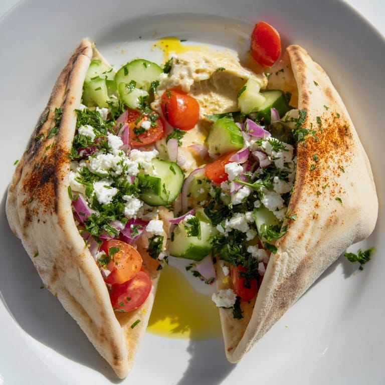 A delightful Mediterranean Savory Board: warm pita bread pockets and layered hummus, ready to be enjoyed.