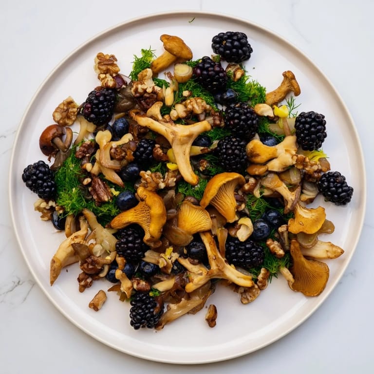 A beautiful Northwest Forest Forager featuring wild mushrooms and vibrant berries with fresh herb "moss" and nuts.