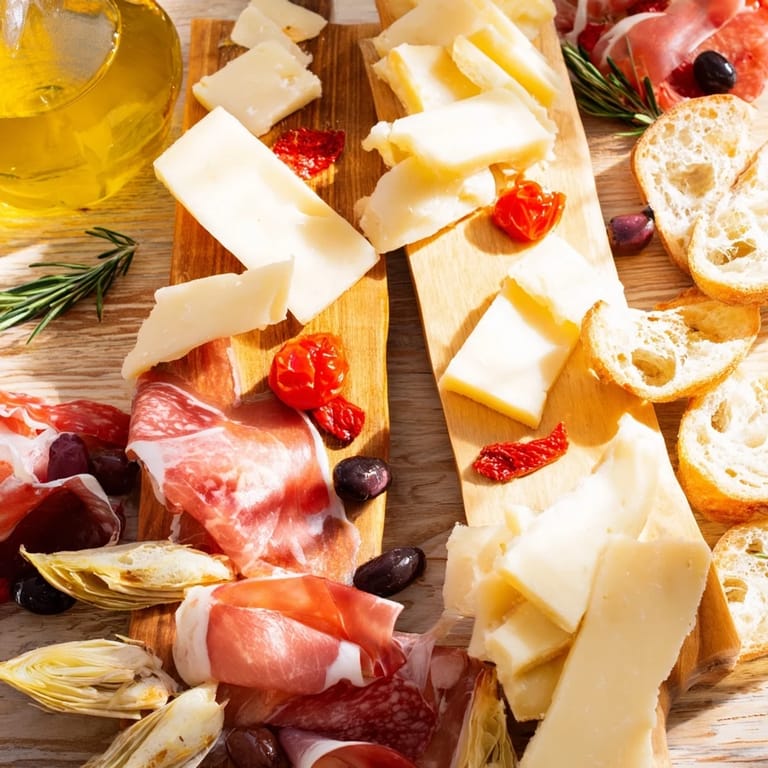 Served on a wooden board, this Rustic Italian Farmhouse Board showcases tempting cheeses, cured meats, and fresh garnishes.