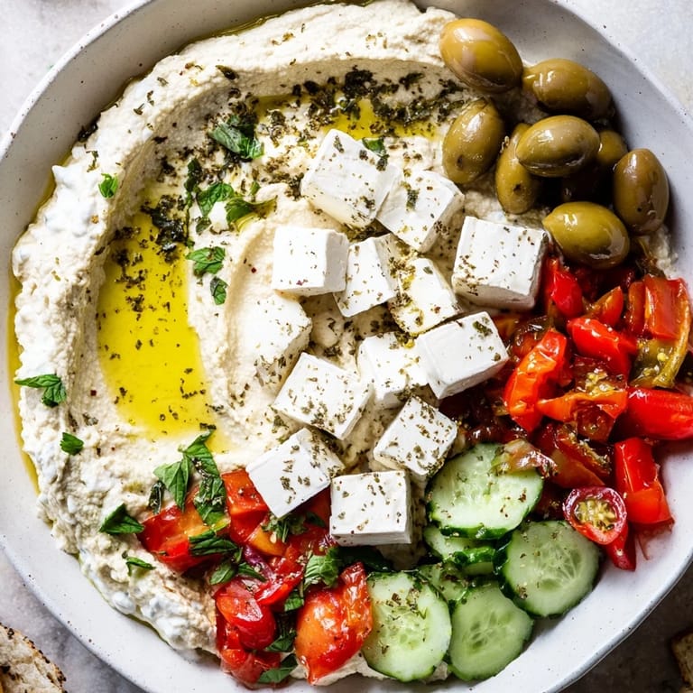 A delicious Mediterranean Mezza Platter with hummus, baba ganoush, feta, and fresh herbs; a perfect appetizer.
