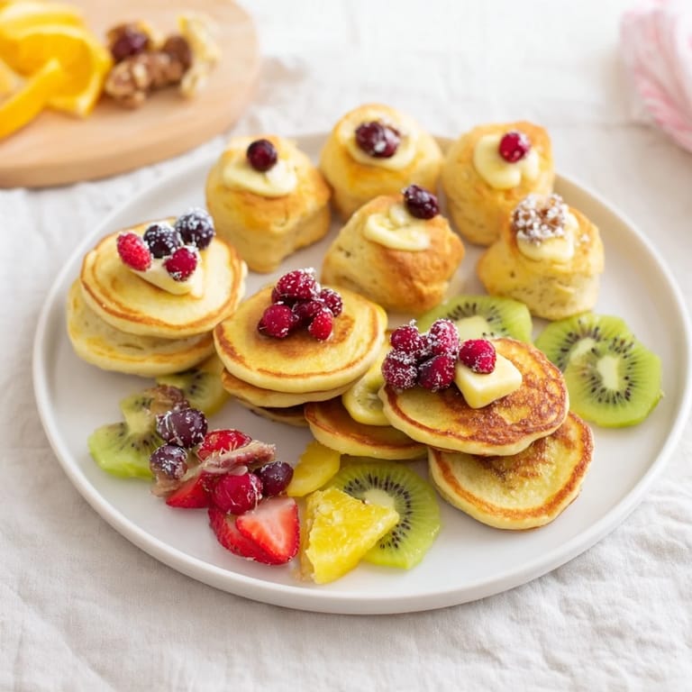 A delicious Breakfast Brunch Board Bliss, showcasing mini scones paired with colorful fruits and syrup drizzled.