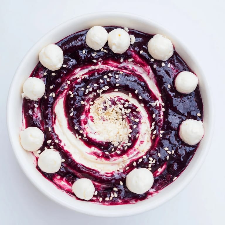 A beautiful Galaxy Spiral, featuring berries and creamy yogurt garnished with sesame seeds ready to eat.