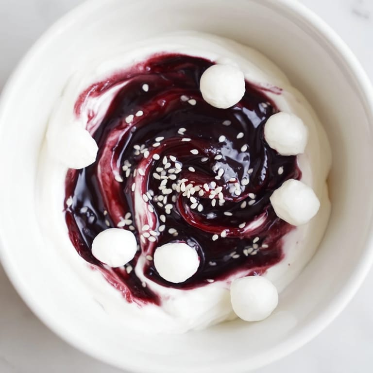 Glimpse the Galaxy Spiral dessert: vibrant berry swirls with goat cheese "stars," a beautiful, sweet dairy delight.