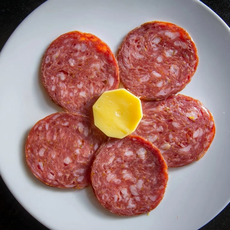 Vibrant image of a Tudor Rose, a beautiful salami and cheese flower for your appetizer.